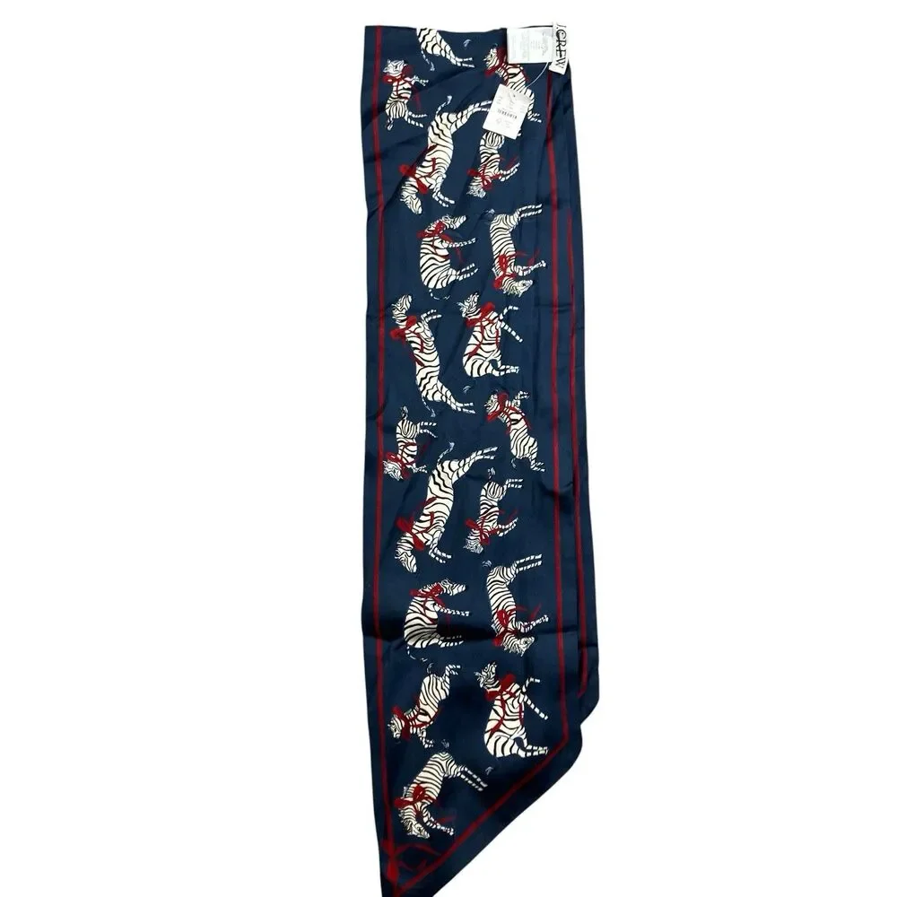 J Crew Silk Skinny Scarf Womens One Size Navy Red Zebra Bow Twilly BS227